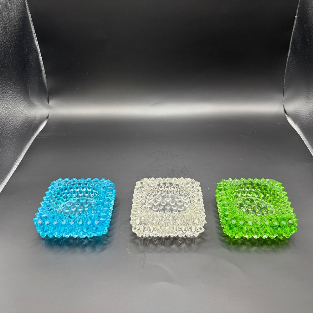 Vintage Fenton Hobnail Glass Salt Cellar Set Blue Clear Green‎ Square 3 pc